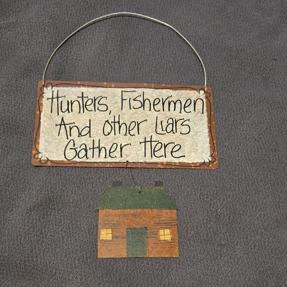 Rustic Wooden Sign with Hanging Cabin - Picture 1 of 2